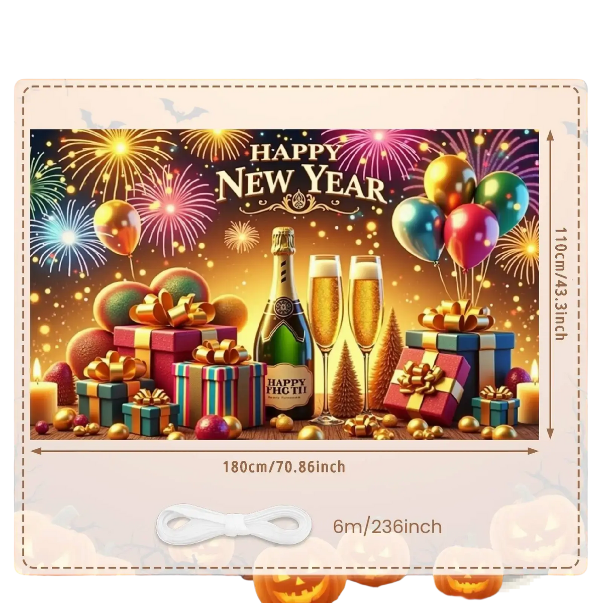 2026 new year party backdrop banner decoration with champagne bottle, two flutes, colorful balloons, gifts, and fireworks