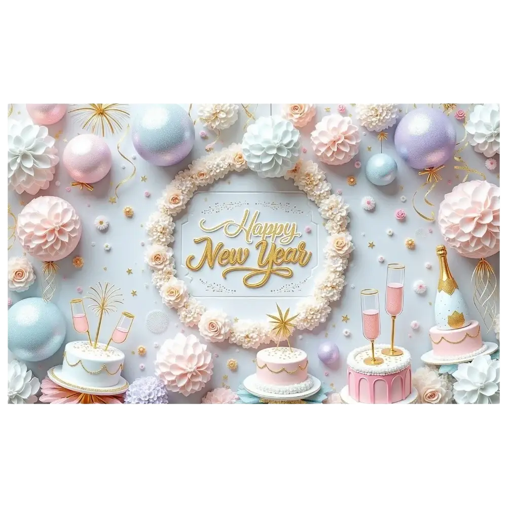 2026 new year party backdrop banner decoration featuring a gold embossed happy new year sign framed by blush pink flowers
