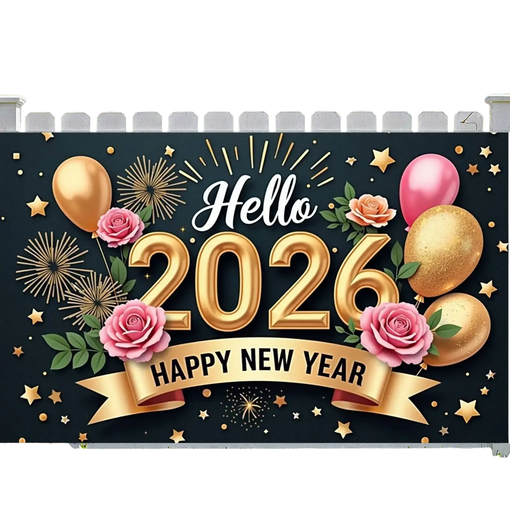 2026 new year party backdrop banner with black and gold foil hello 2026 text, pink roses, glitter balloons, and golden ribbon
