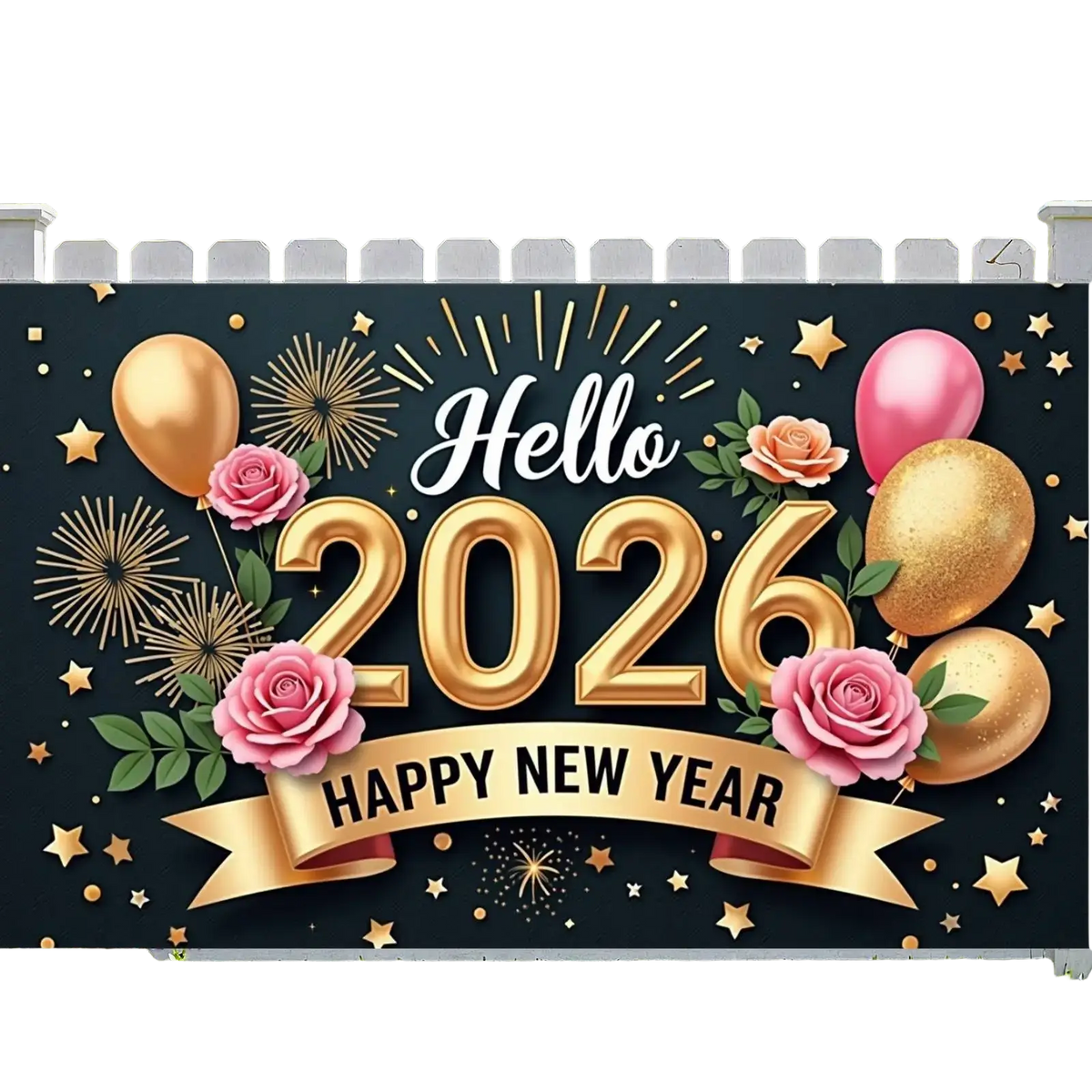 2026 new year party backdrop banner with black and gold foil hello 2026 text, pink roses, glitter balloons, and golden ribbon
