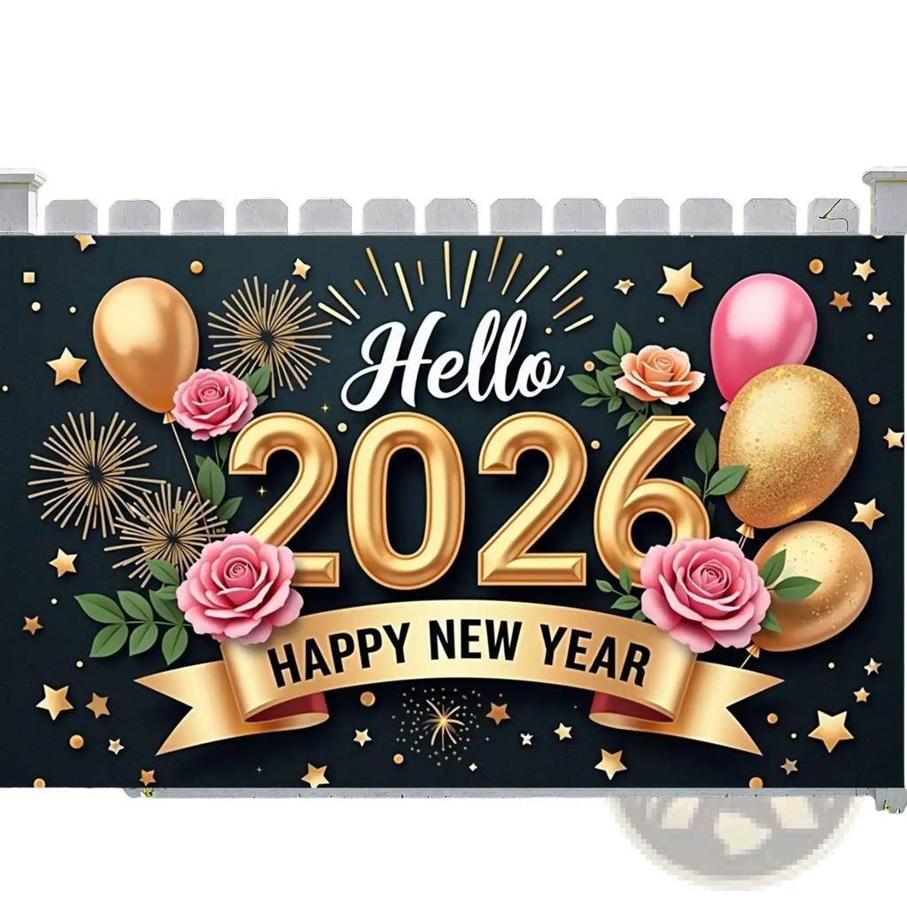 2026 new year party backdrop banner with black and gold foil hello 2026 text, pink roses, glitter balloons, and golden ribbon