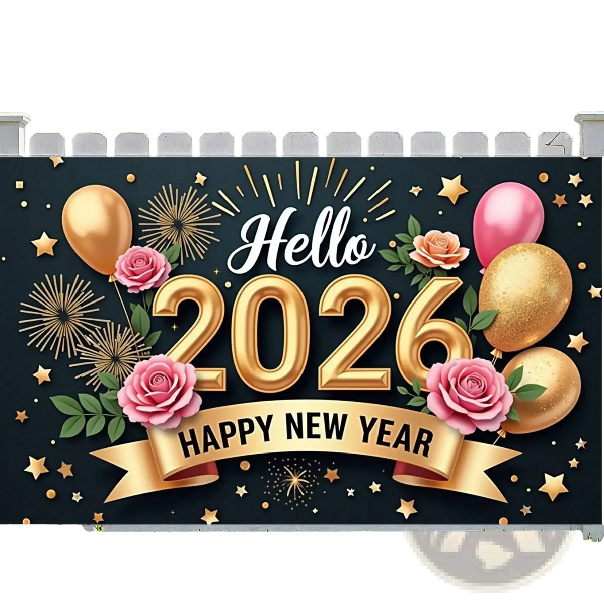 2026 new year party backdrop banner with black and gold foil hello 2026 text, pink roses, glitter balloons, and golden ribbon