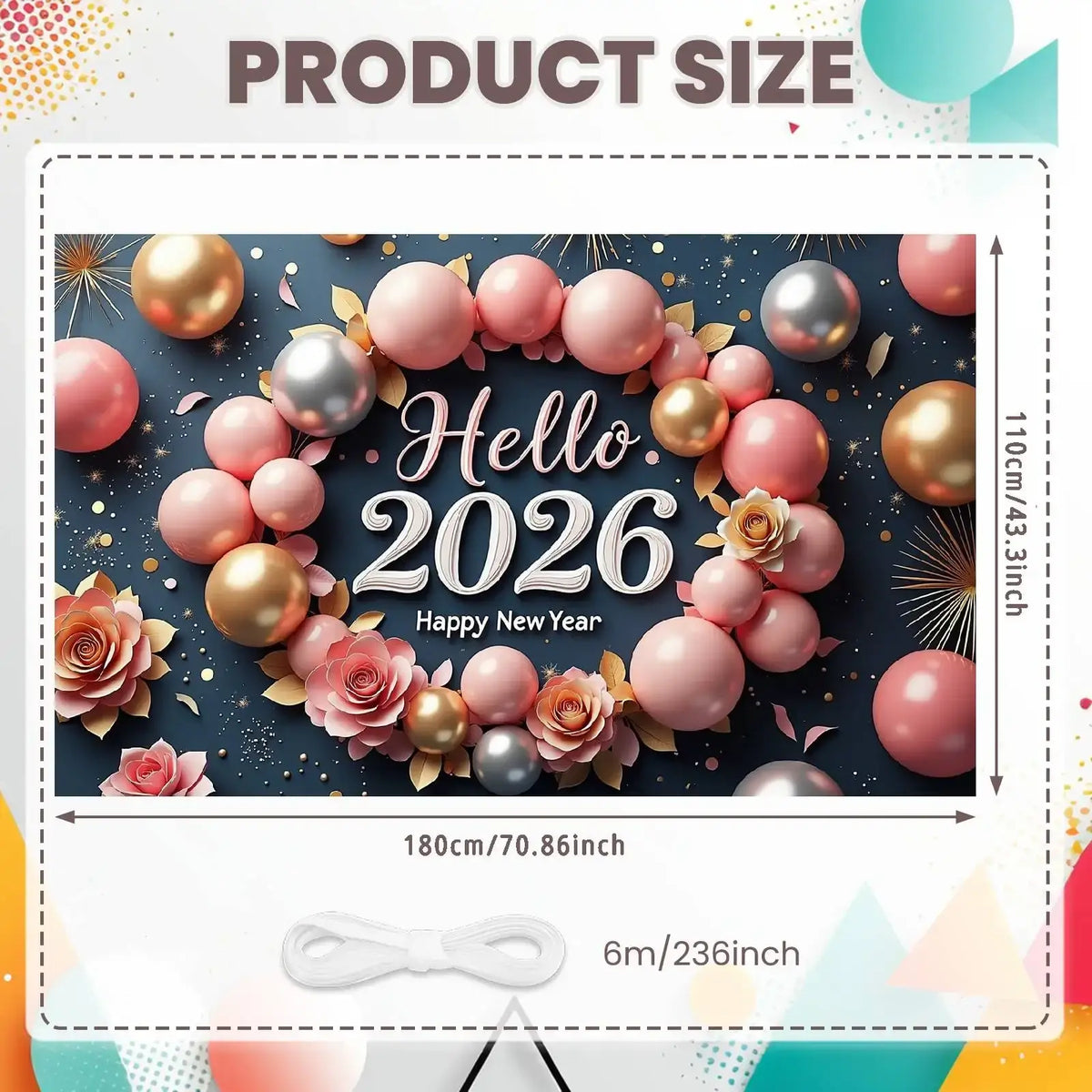 2026 new year party backdrop banner decoration with pink gold silver balloon circle and paper roses on dark blue background