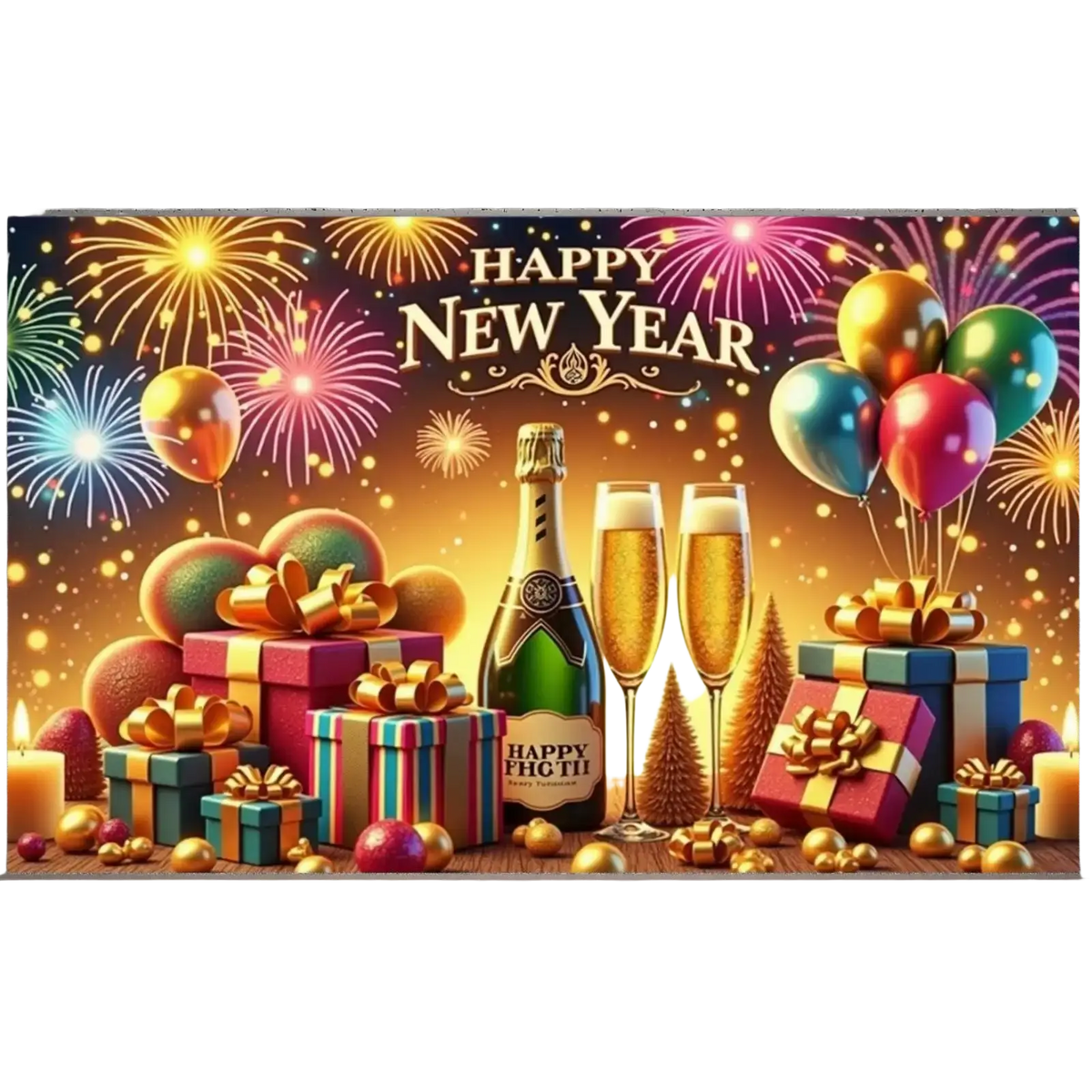 A 2026 new year party backdrop banner decoration featuring champagne bottle, flutes, balloons, fireworks, gifts, and trees