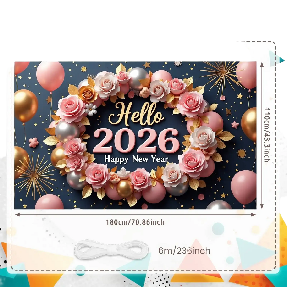 2026 new year party backdrop banner decoration with pink and gold rose wreath metallic balloons on dark blue background