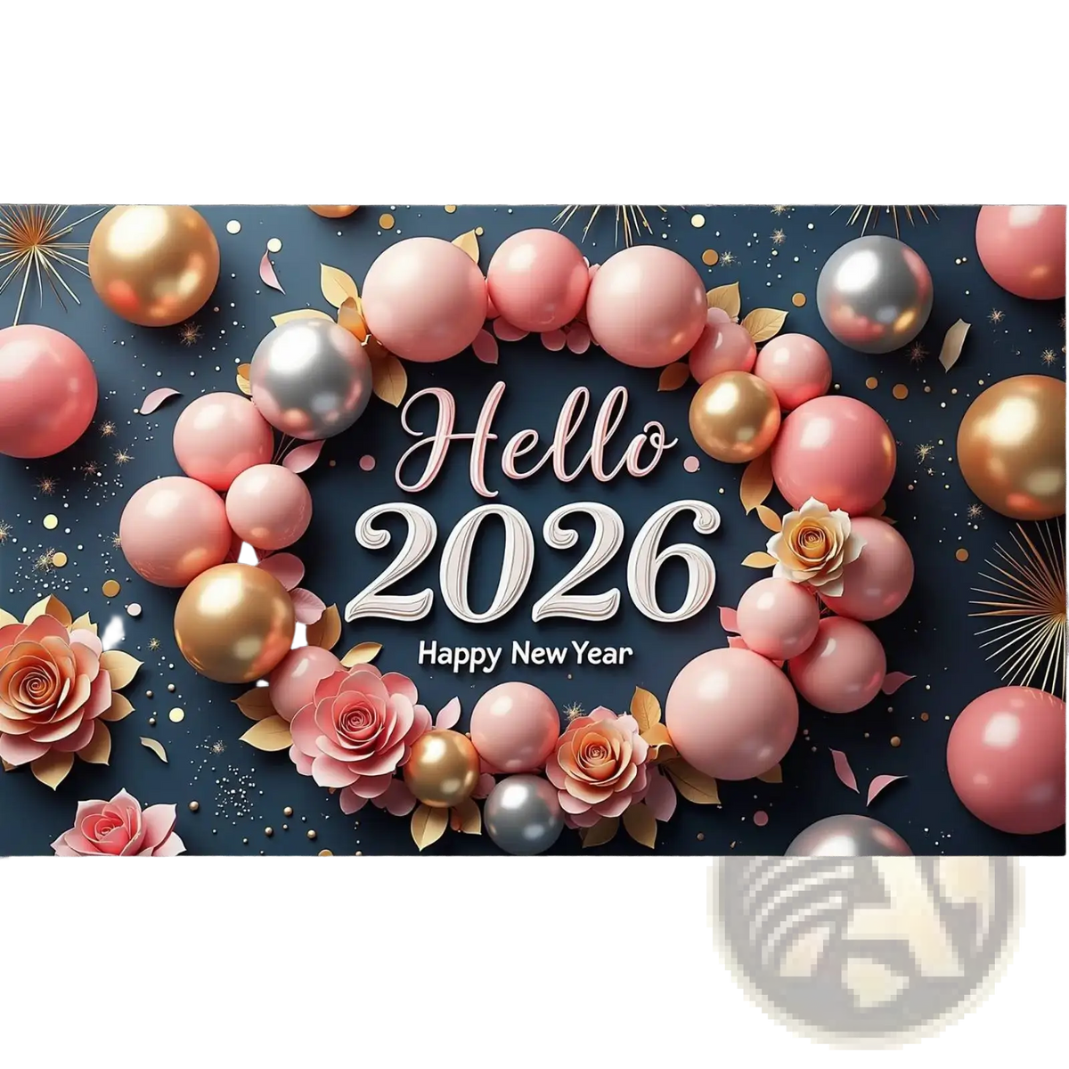 Festive 2026 new year party backdrop banner decoration with pink gold silver balloon circle and paper roses on dark blue background