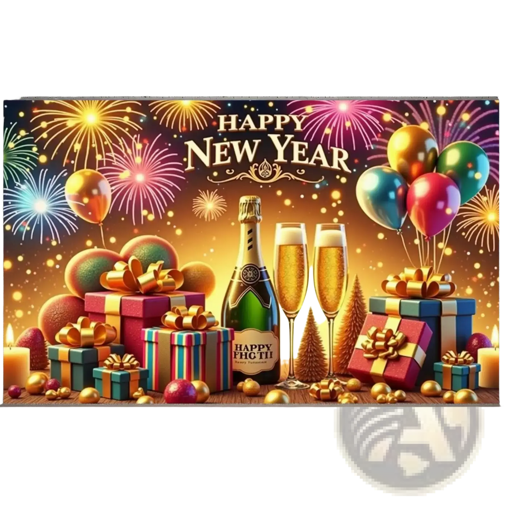 A 2026 new year party backdrop banner decoration featuring champagne bottle, flutes, balloons, fireworks, gifts, and trees
