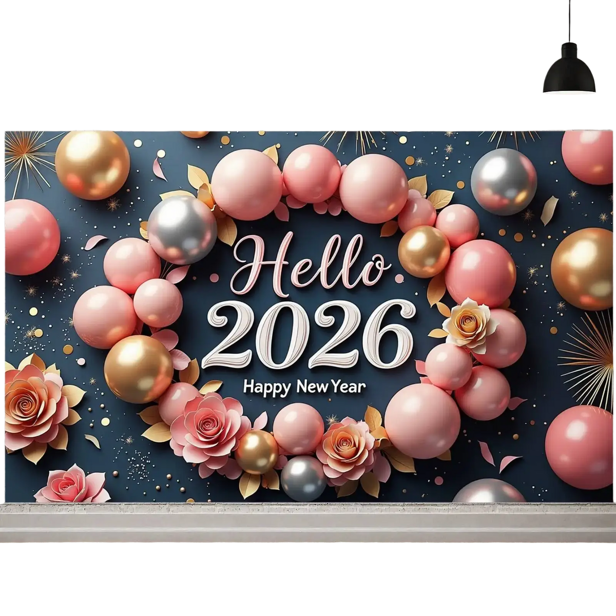 2026 new year party backdrop banner decoration with pink gold silver balloons and paper roses on dark blue background