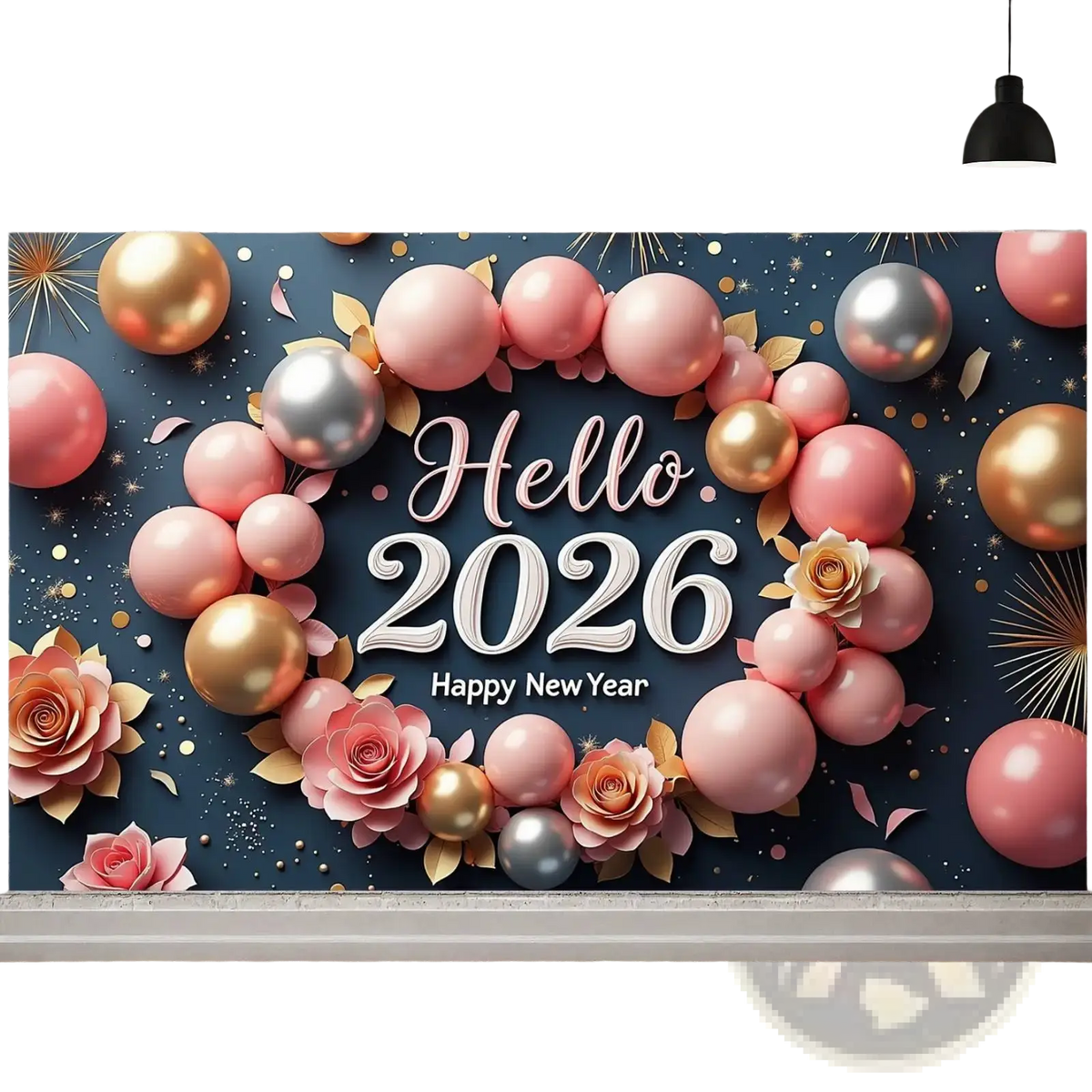 2026 new year party backdrop banner decoration with pink gold silver balloons and paper roses on dark blue background