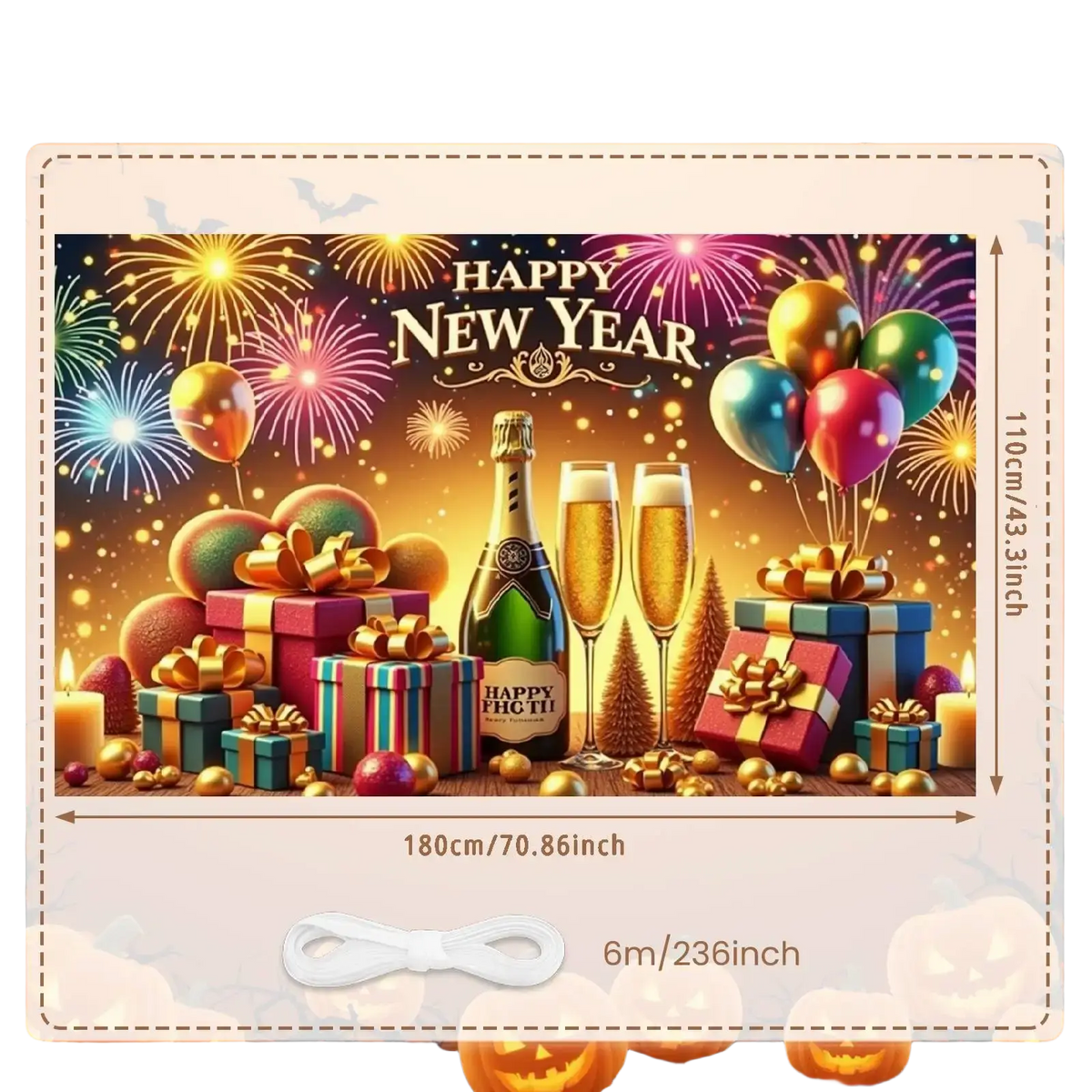 2026 new year party backdrop banner decoration with champagne bottle, two flutes, colorful balloons, gifts, and fireworks