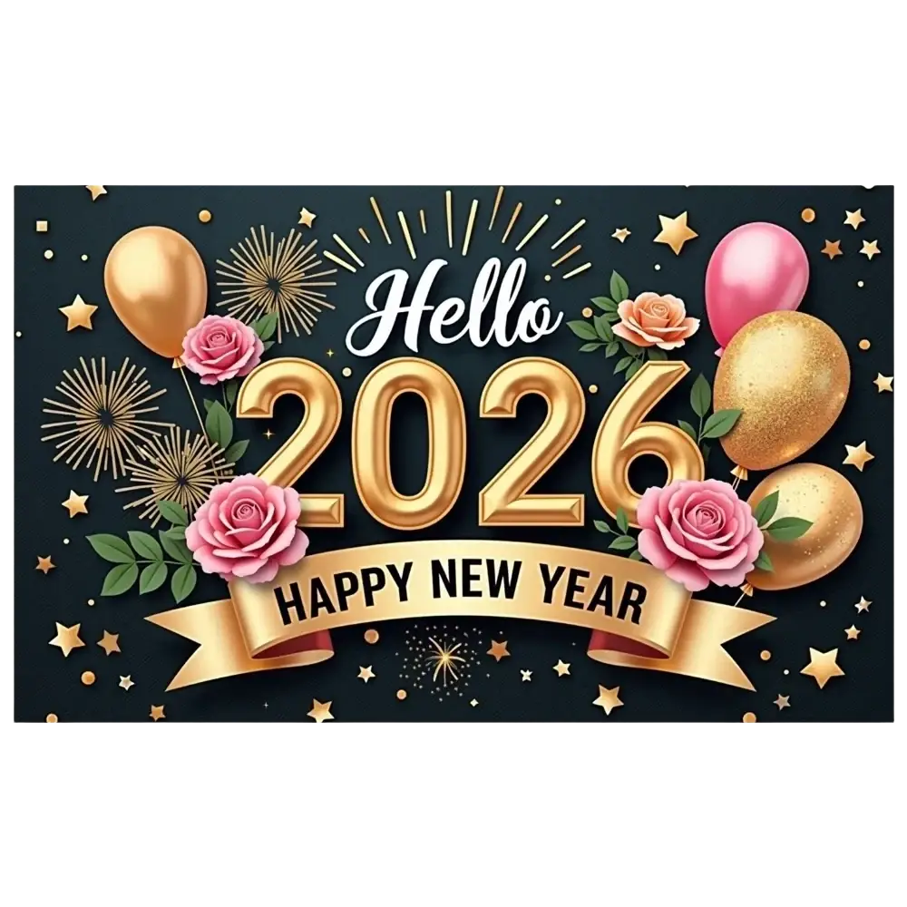 Gilded 2026 new year party backdrop banner decoration with gold balloons pink roses and starry fireworks on dark background