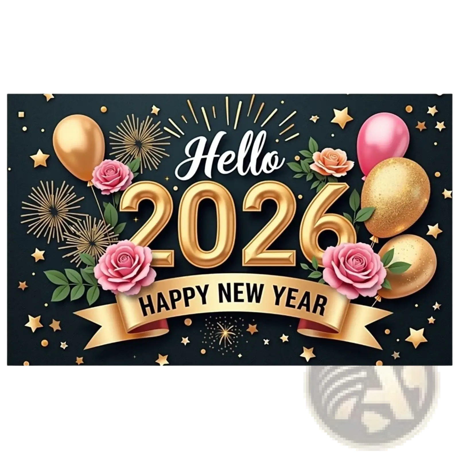 Gilded 2026 new year party backdrop banner decoration with gold balloons pink roses and starry fireworks on dark background