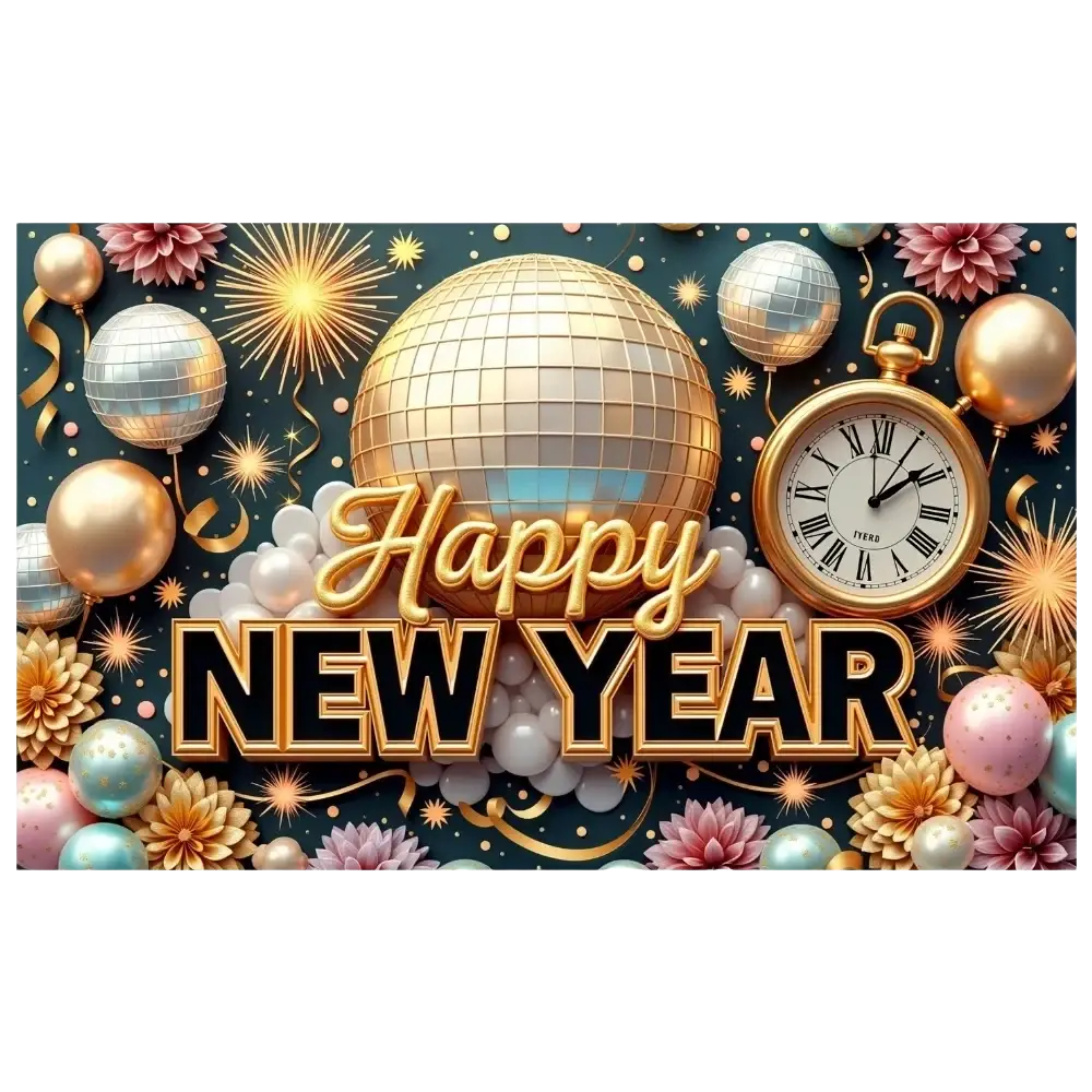 Gilded 2026 new year party backdrop banner with metallic gold lettering disco ball balloons flowers and pocket watch decoration