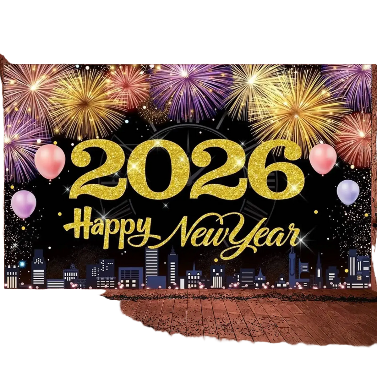 A glittery gold 2026 new year party backdrop banner decoration with fireworks balloons and a city skyline design