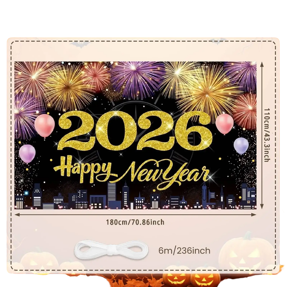 Glittery gold 2026 new year party backdrop banner decoration with fireworks and balloons design for celebration