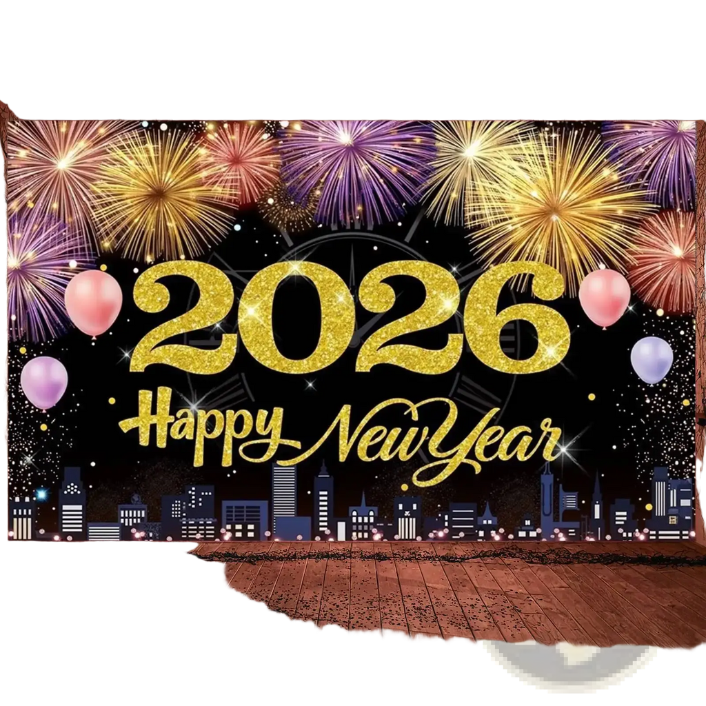 A glittery gold 2026 new year party backdrop banner decoration with fireworks balloons and a city skyline design