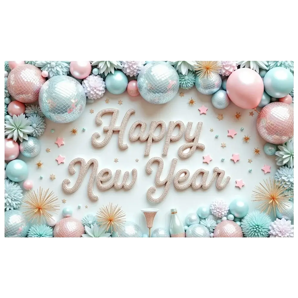 A glittery rose gold happy new year sign party backdrop banner with pastel pink and mint green decorative accents for 2026