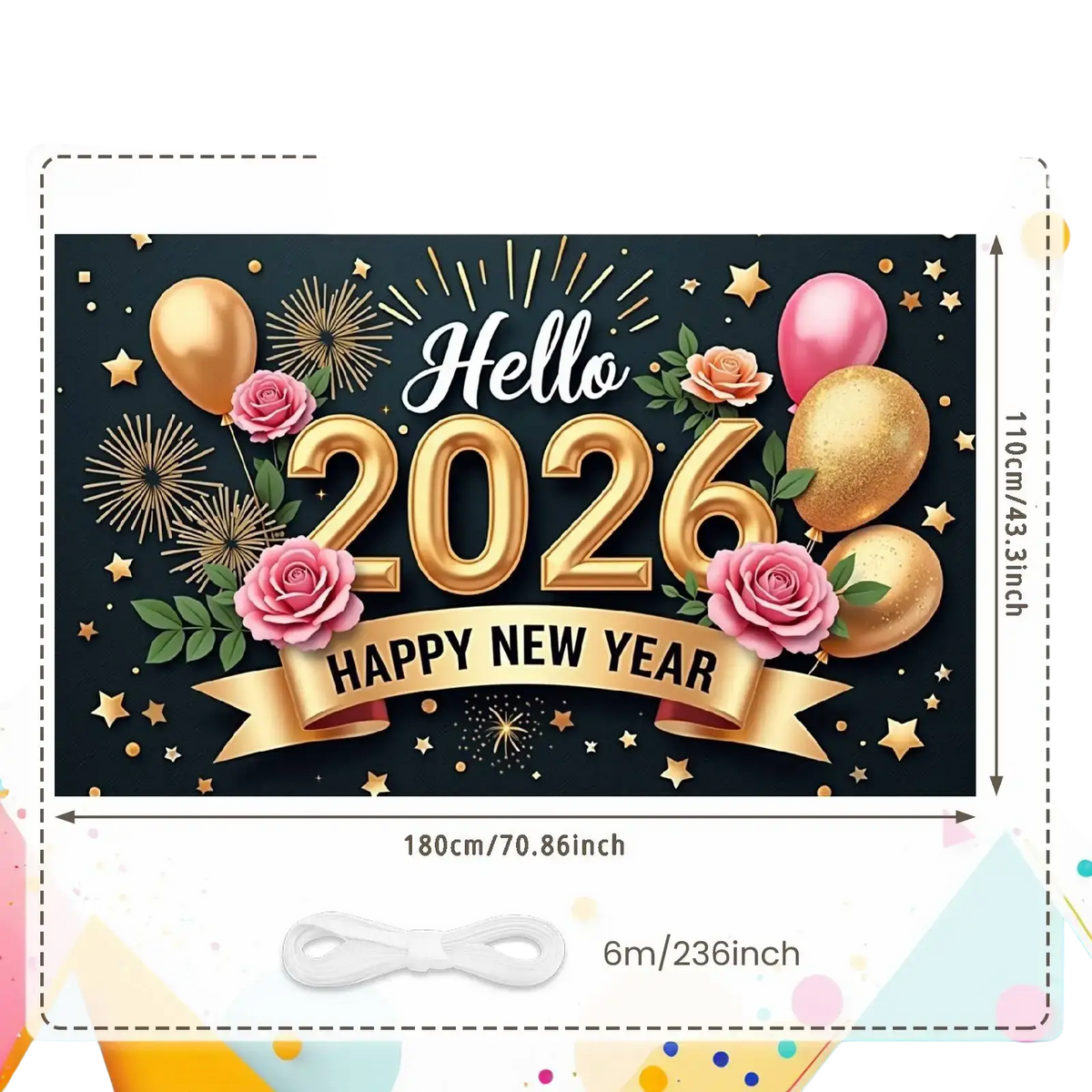 Glossy gold hello 2026 new year party backdrop banner with pink roses balloons and fireworks on black background