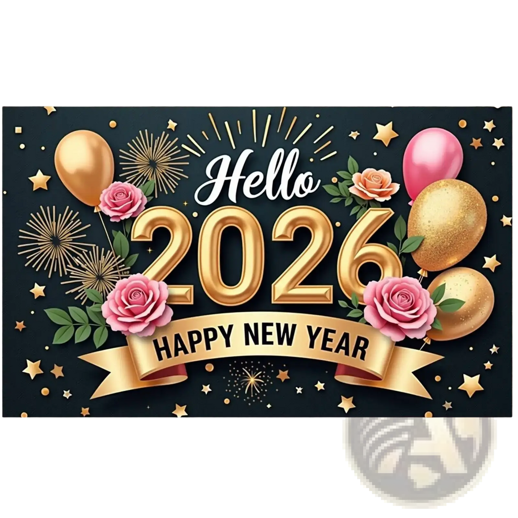 Glossy gold 2026 new year party backdrop banner with pink roses balloons and fireworks on a dark background
