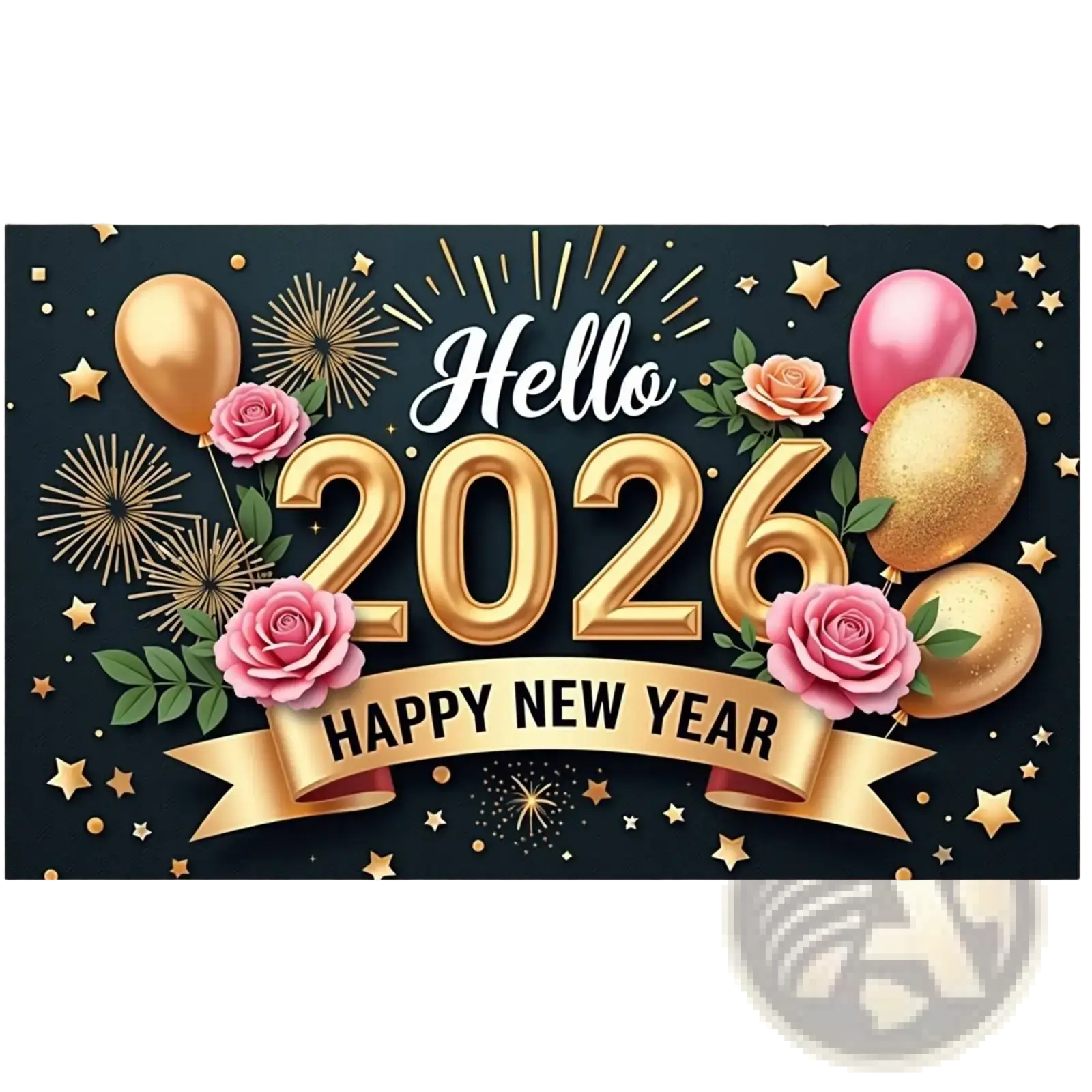 Glossy gold 2026 new year party backdrop banner with pink roses balloons and fireworks on a dark background