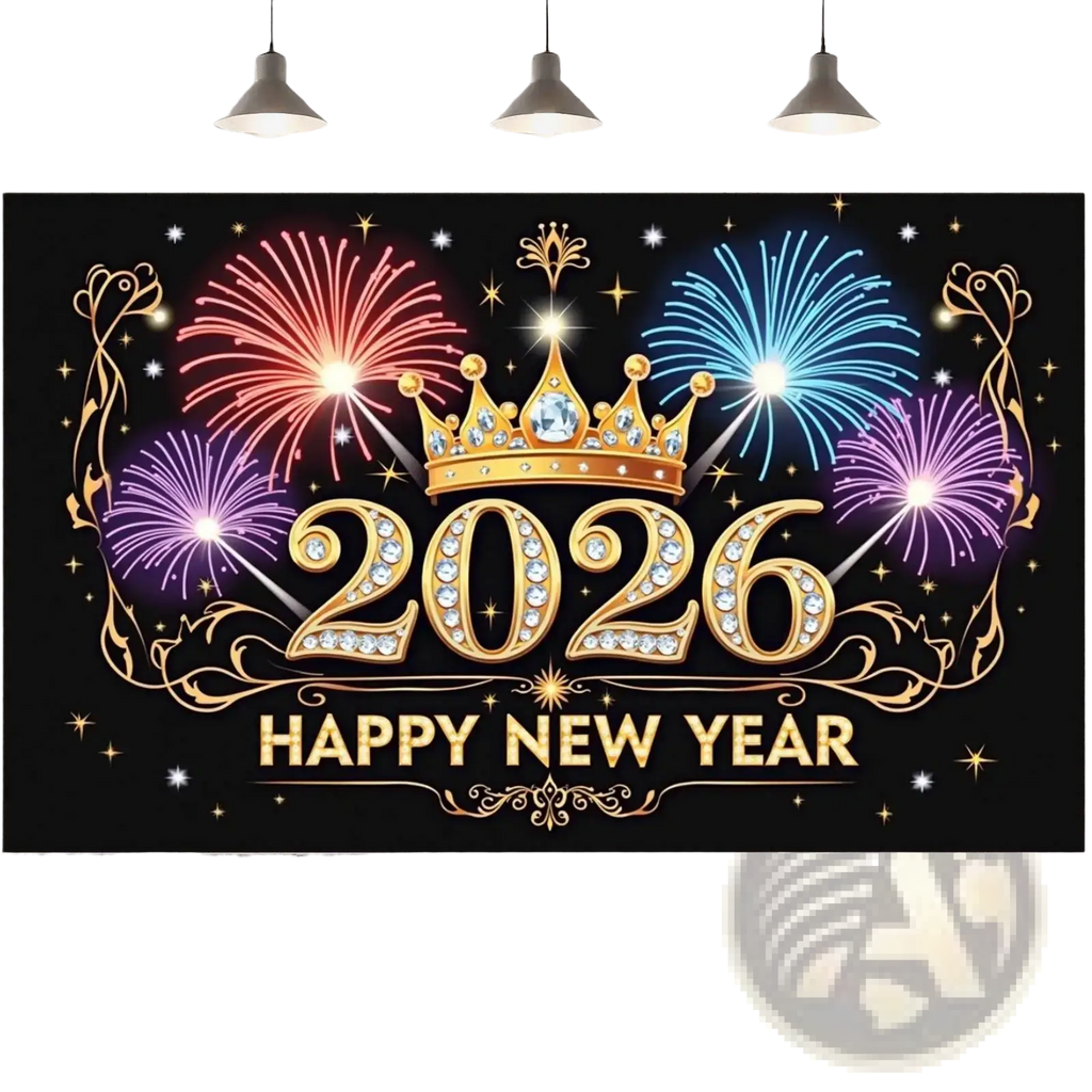 2026 new year party backdrop banner featuring a glittering gold and diamond encrusted design with crown and fireworks