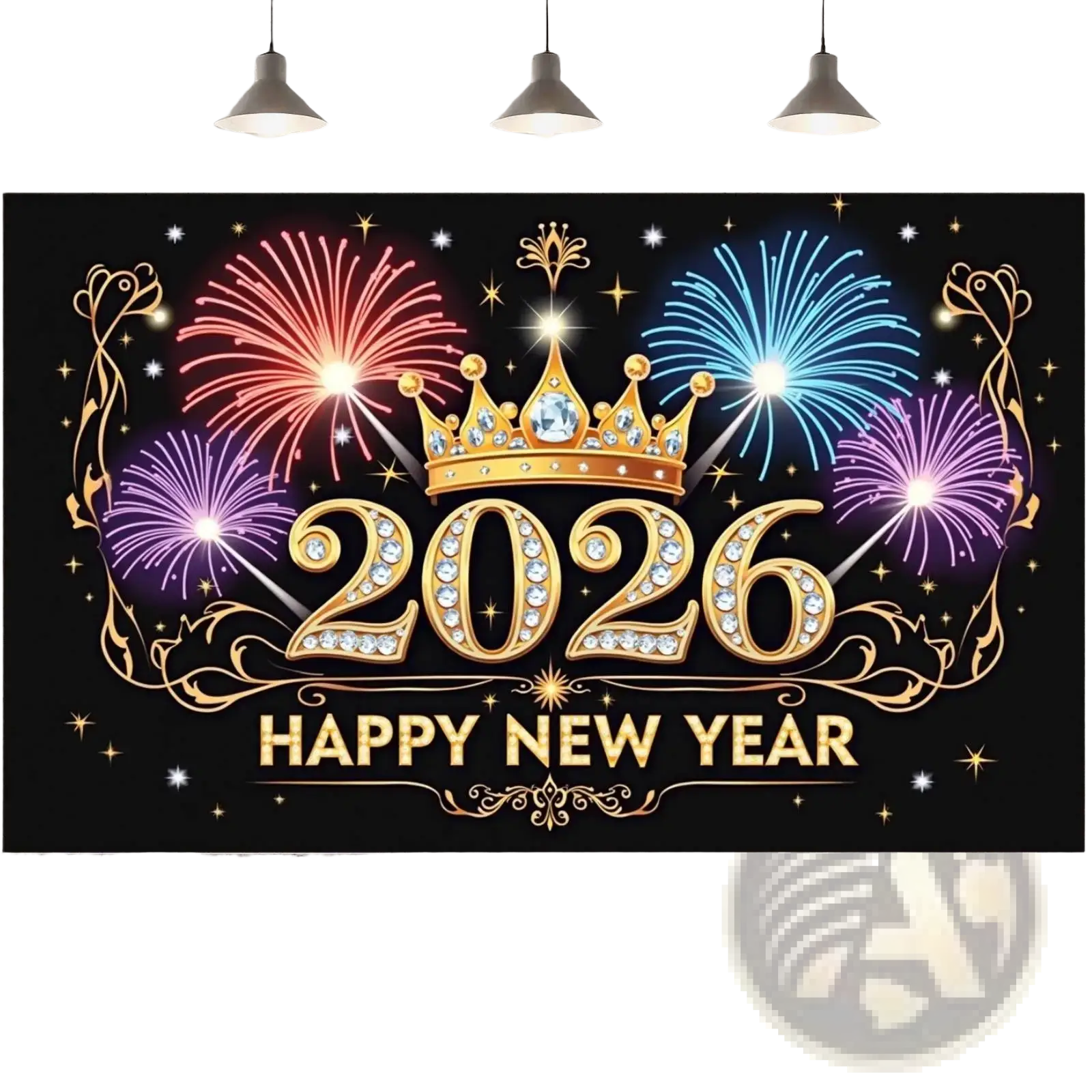 2026 new year party backdrop banner featuring a glittering gold and diamond encrusted design with crown and fireworks