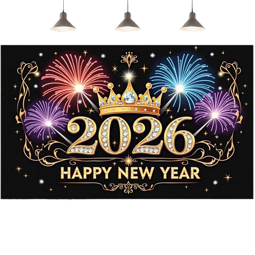 2026 new year party backdrop banner featuring a glittering gold and diamond encrusted design with crown and fireworks