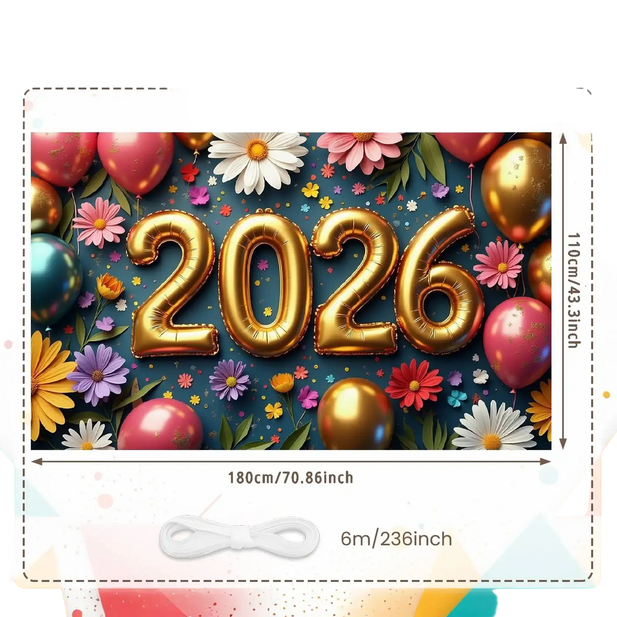 Gold foil balloon numbers 2026 with colorful balloons and flowers for 2026 new year party backdrop banner decoration