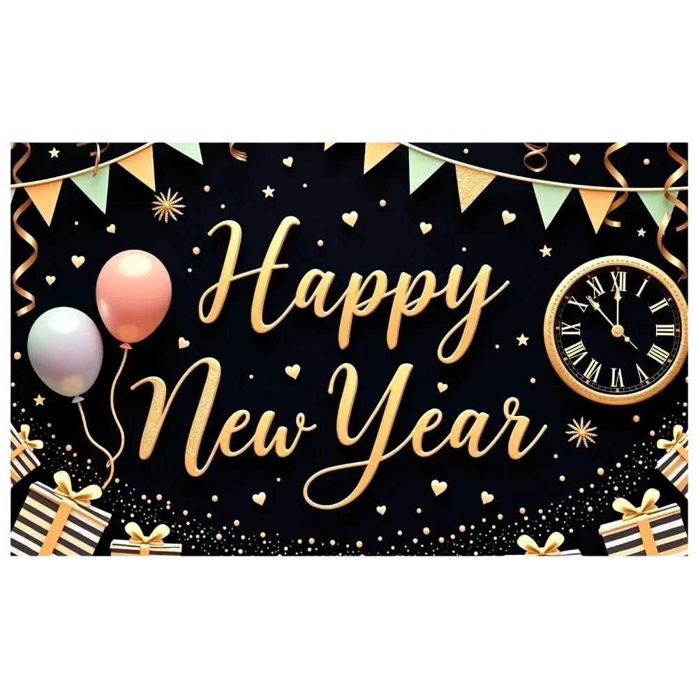 2026 new year party backdrop banner decoration with gold foil happy new year text on black background and festive decor