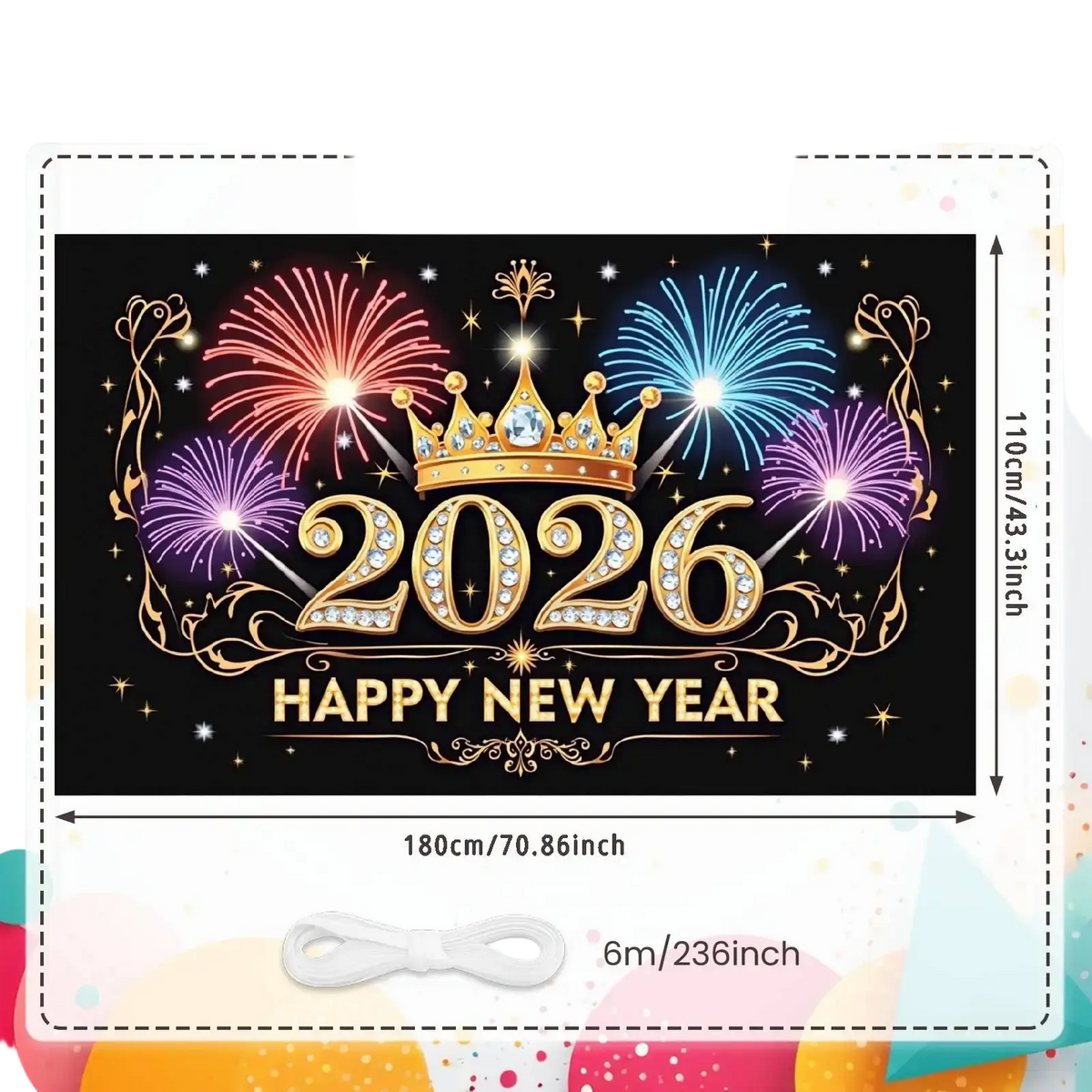 2026 new year party backdrop banner decoration featuring gold glittery text, diamond accents, crown, and fireworks on black background