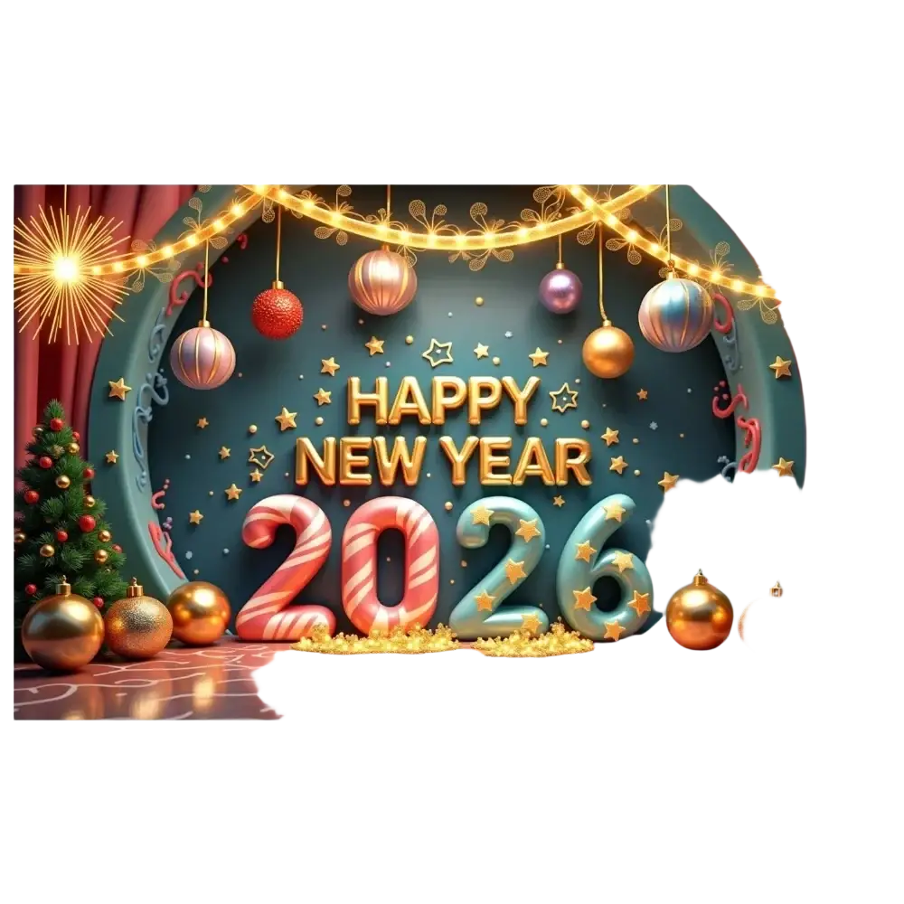Glowing gold happy new year 2026 text with candy cane-striped and metallic blue numerals festive party backdrop banner