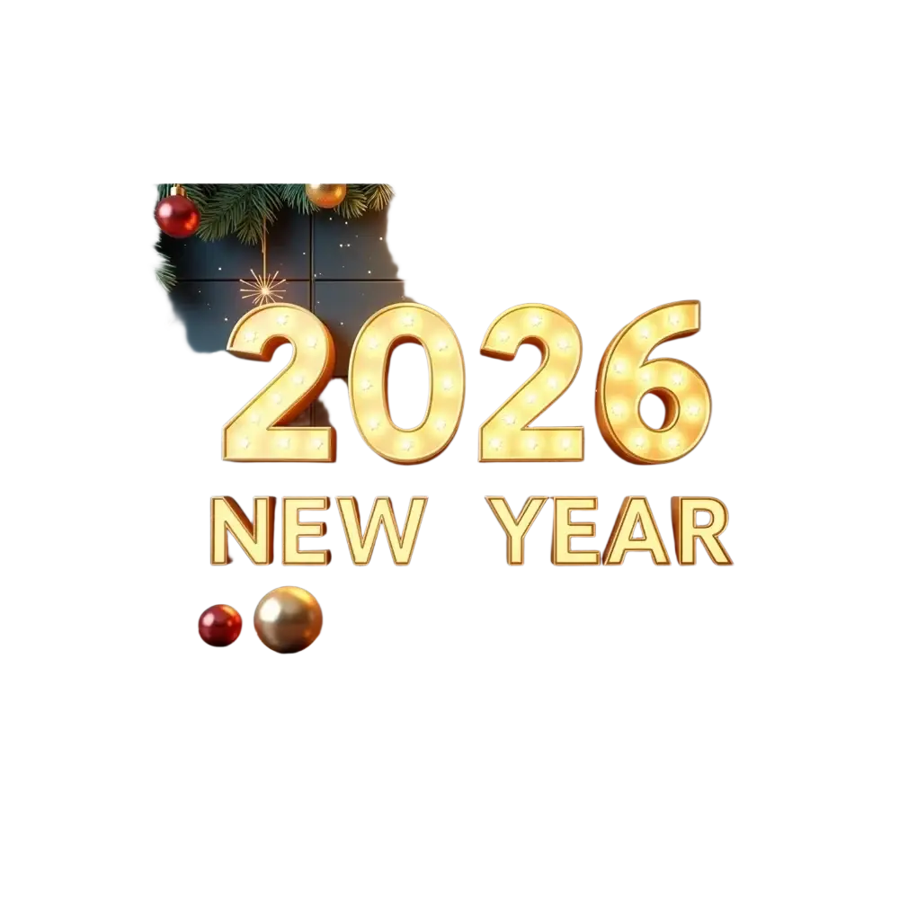 Glowing gold marquee-style 2026 new year party backdrop banner decoration with illuminated letters on dark wood background