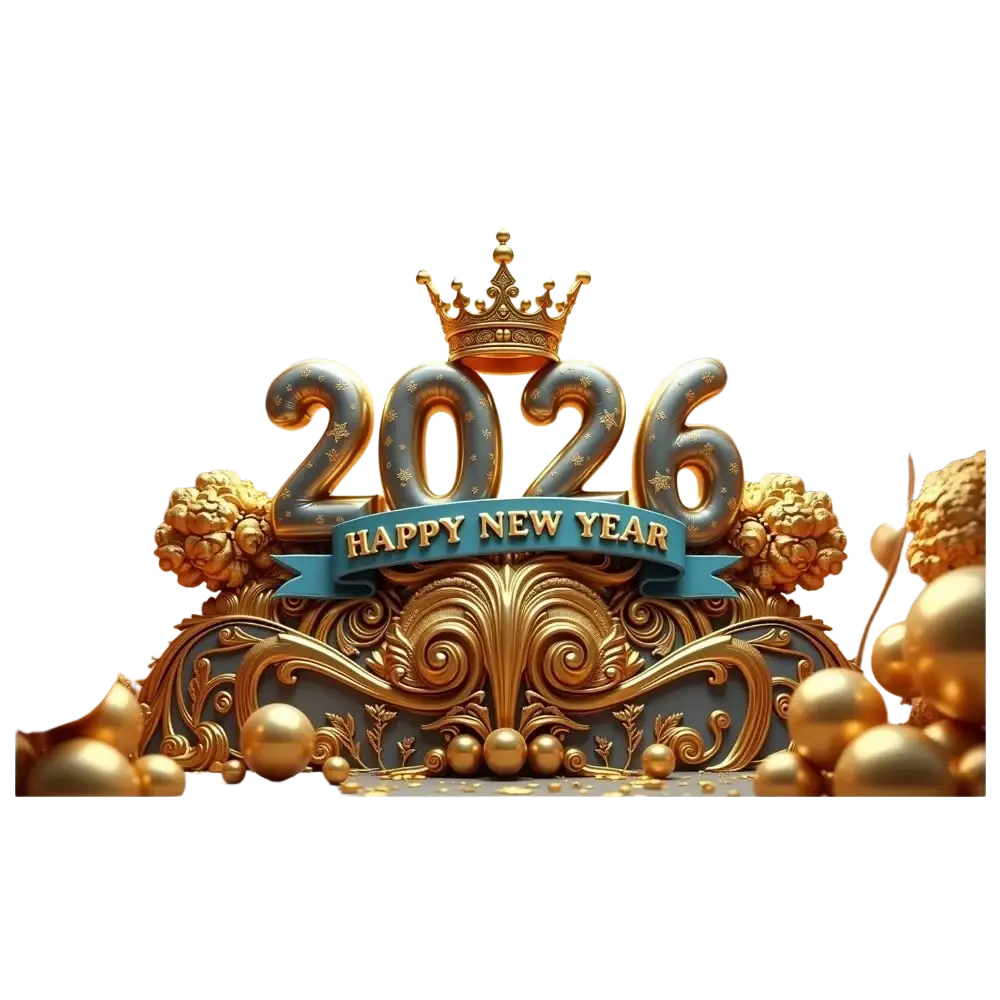 Golden 3d 2026 numerals with crown and ornate gold embellishments framed by floating balloons new year party backdrop banner decoration