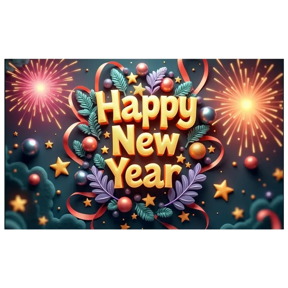 Golden 3d happy new year text with festive ribbons leaves and ornaments on 2026 new year party backdrop banner decoration