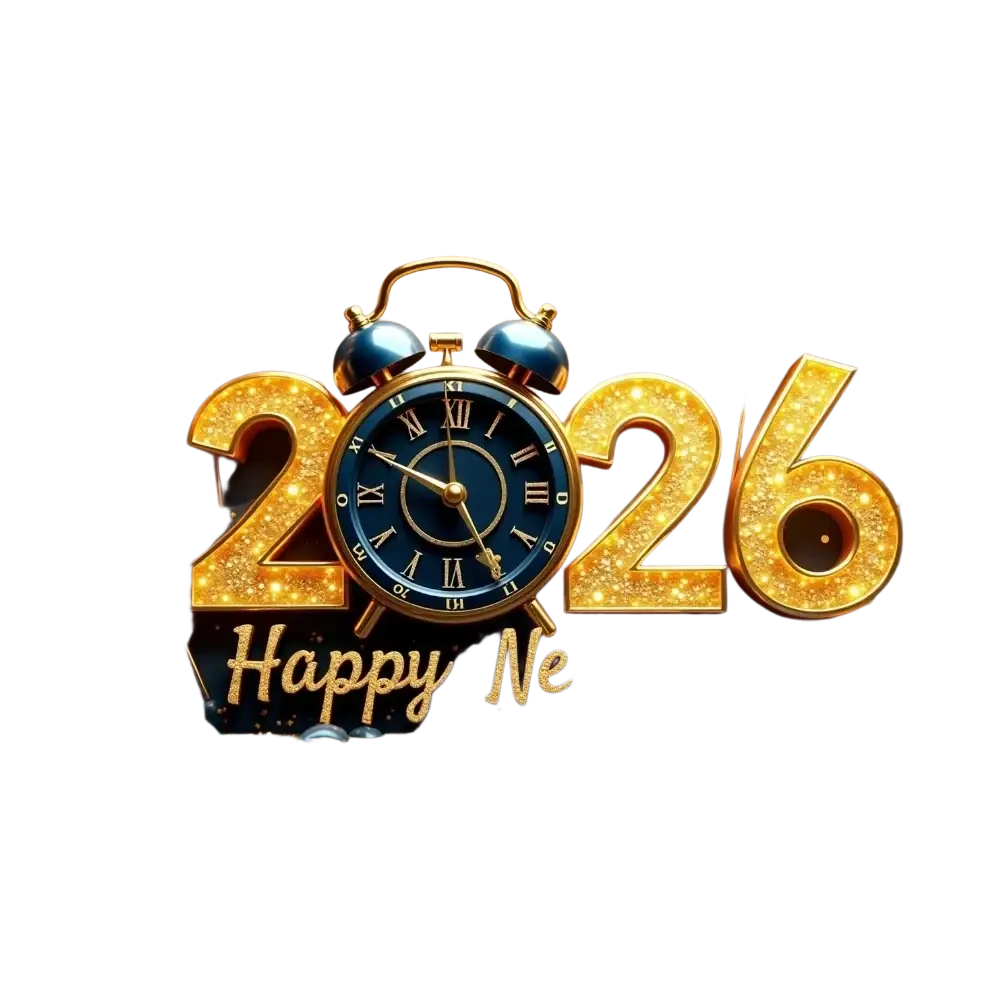 Golden glittery alarm clock with dark blue roman numeral face nestled in number 2026 new year party backdrop banner decoration
