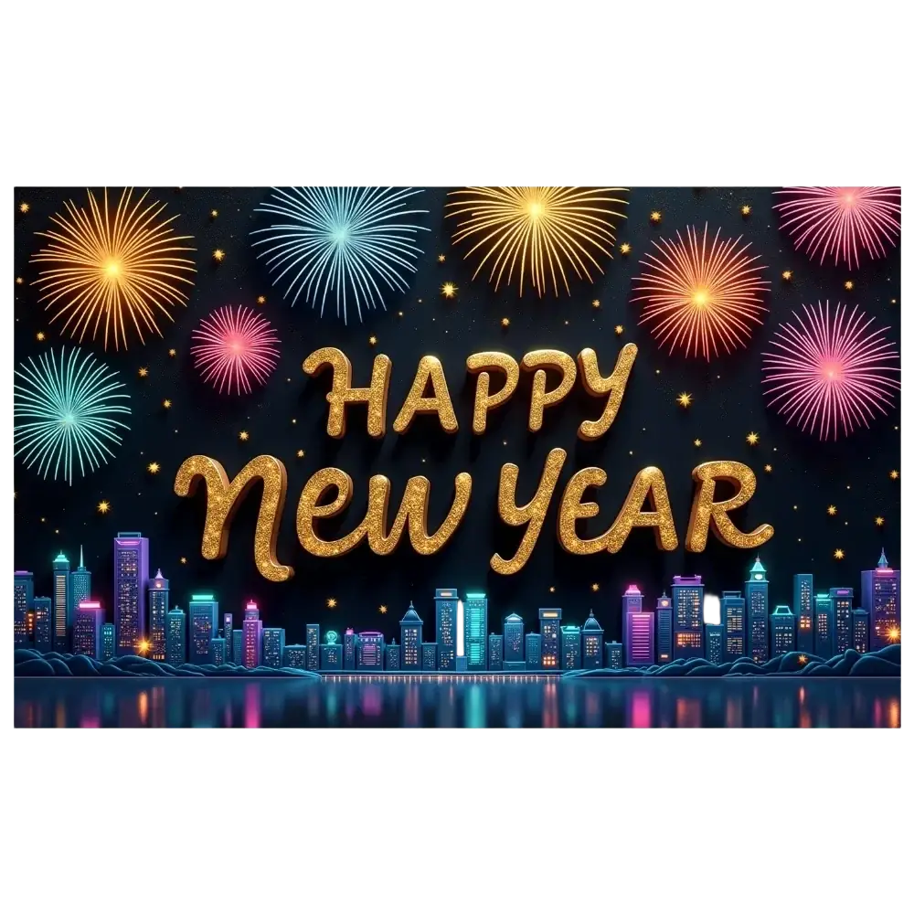2026 new year party backdrop banner decoration with golden glittery happy new year text and colorful fireworks city skyline