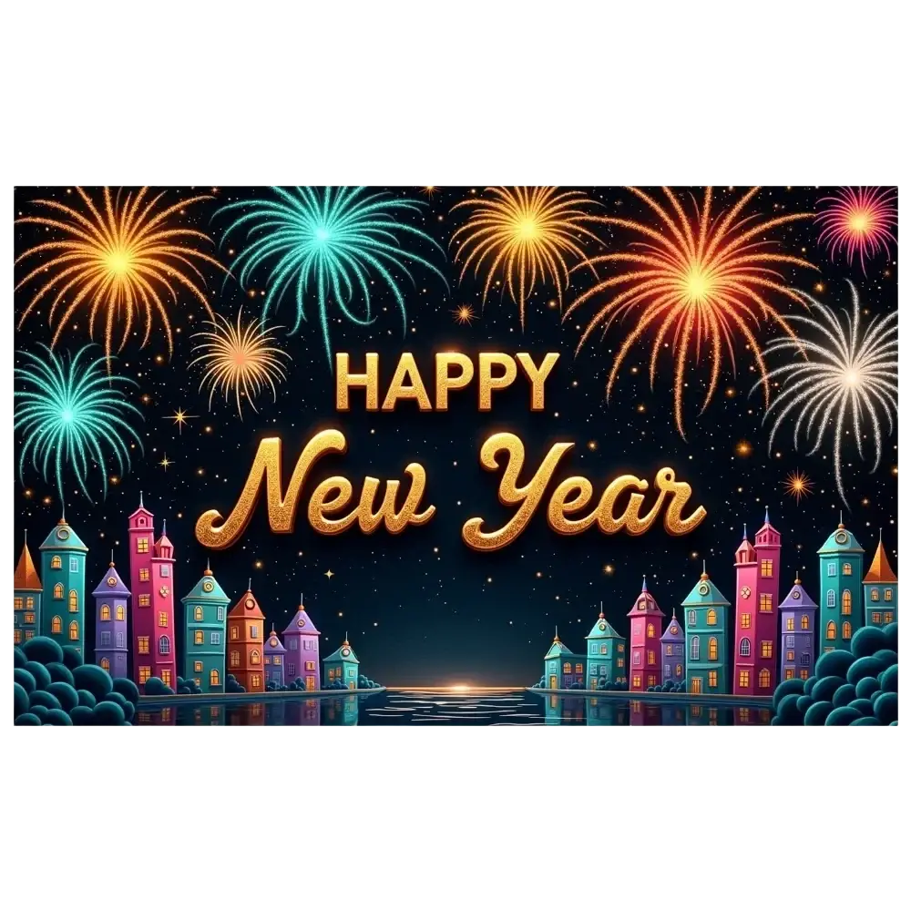 Golden happy new year text with glittery 3d effect on 2026 new year party backdrop banner with fireworks and buildings