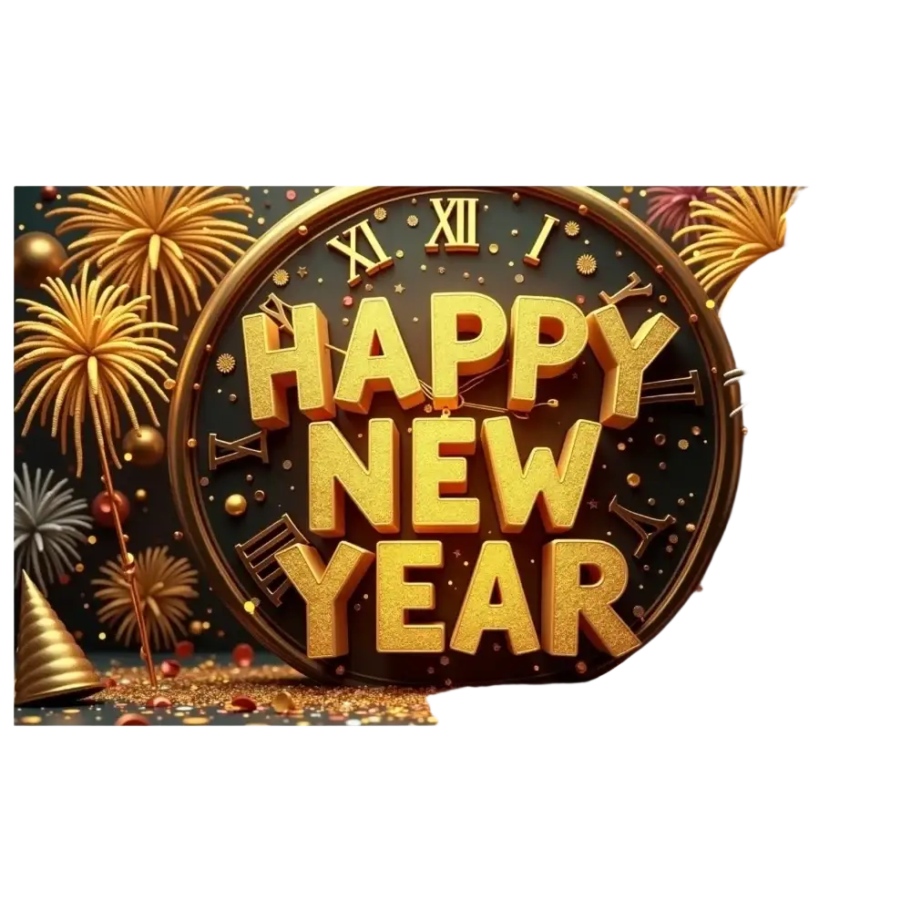Golden 2026 new year party backdrop banner featuring happy new year text with roman numeral clock and fireworks design