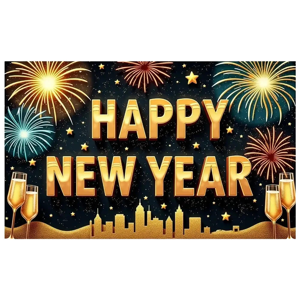 Golden new year party backdrop banner with happy new year text, sparkling fireworks, and champagne glasses decoration