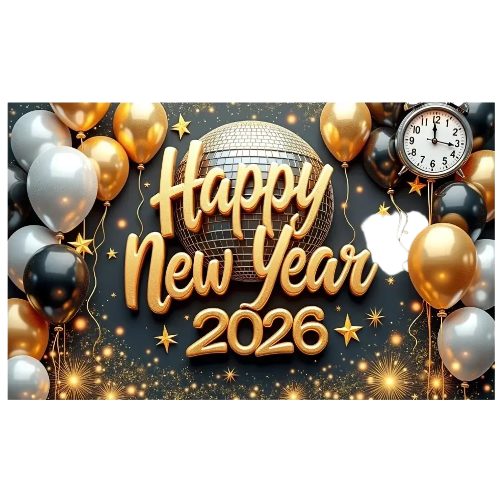 Golden happy new year 2026 party backdrop banner with reflective disco ball and metallic gold silver black balloons