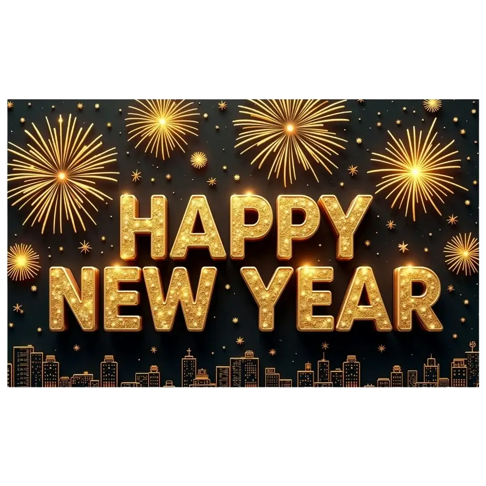 Golden happy new year lettering with glittery illuminated texture on 2026 new year party backdrop banner decoration