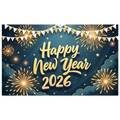 Golden happy new year 2026 text with festive fireworks and bunting on dark blue starry sky party backdrop banner