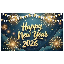 Golden happy new year 2026 text with festive fireworks and bunting on dark blue starry sky party backdrop banner