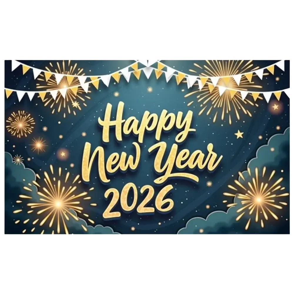 Golden happy new year 2026 text with festive fireworks and bunting on dark blue starry sky party backdrop banner