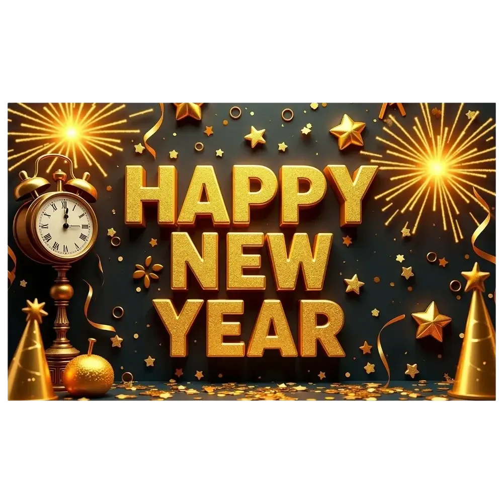 Golden happy new year text with glittery texture on 2026 new year party backdrop banner with fireworks background
