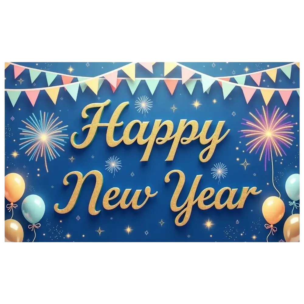Golden happy new year banner with fireworks and balloons on deep blue background for 2026 new year party decoration