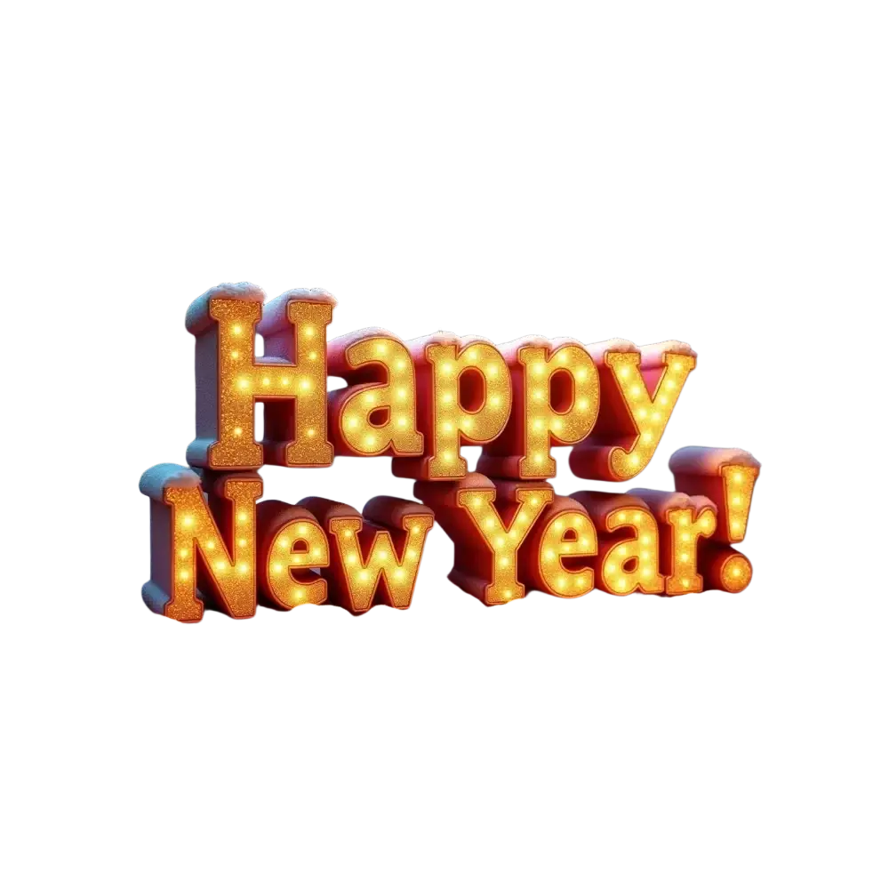 Glowing golden 2026 new year party backdrop banner with illuminated letters and snow-covered edges and fireworks