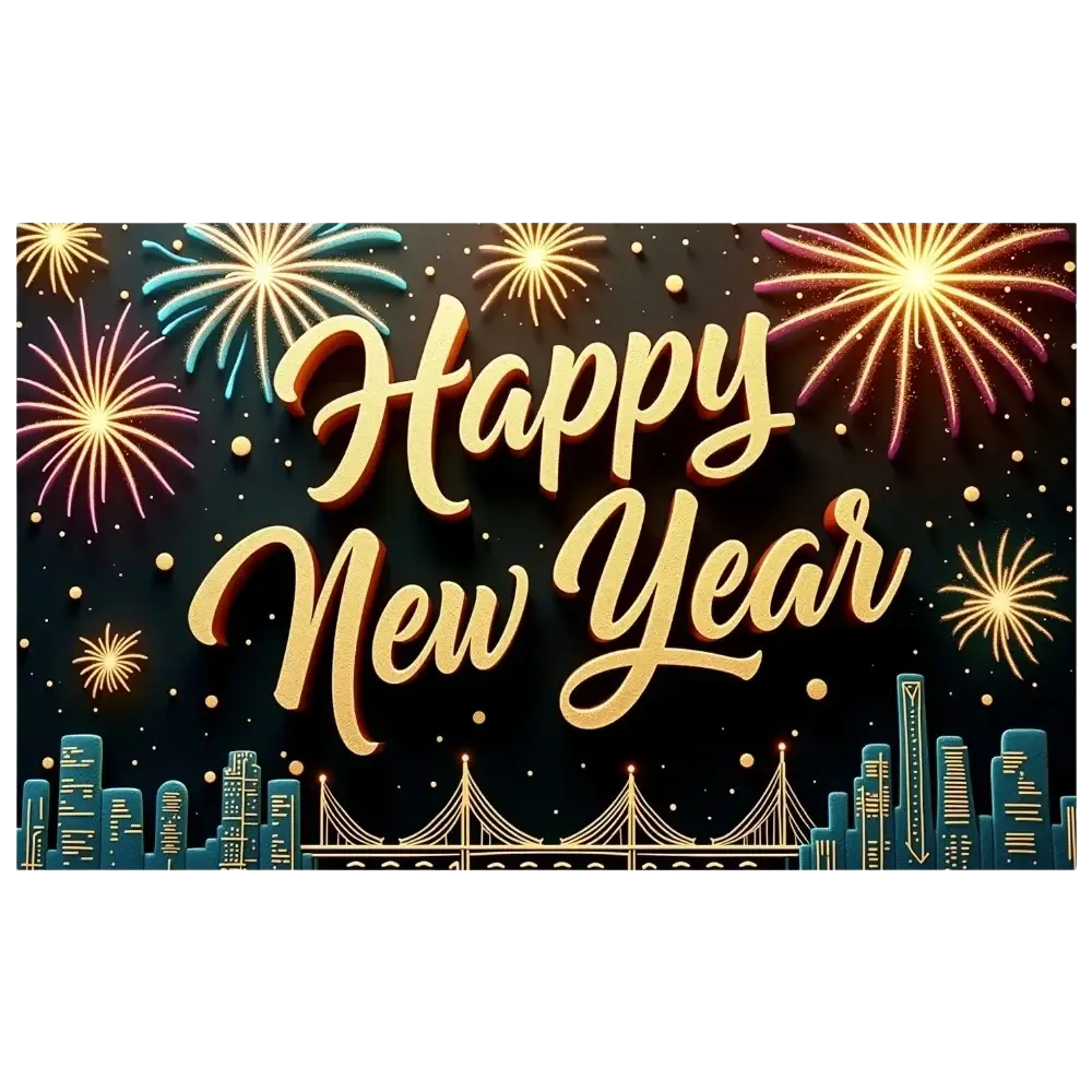 Golden happy new year text with glowing 3d effect on dark backdrop featuring colorful fireworks and city skyline for 2026 party banner
