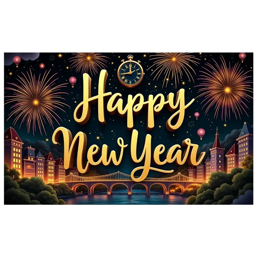 Golden happy new year text with classic clock design on 2026 new year party backdrop banner decoration
