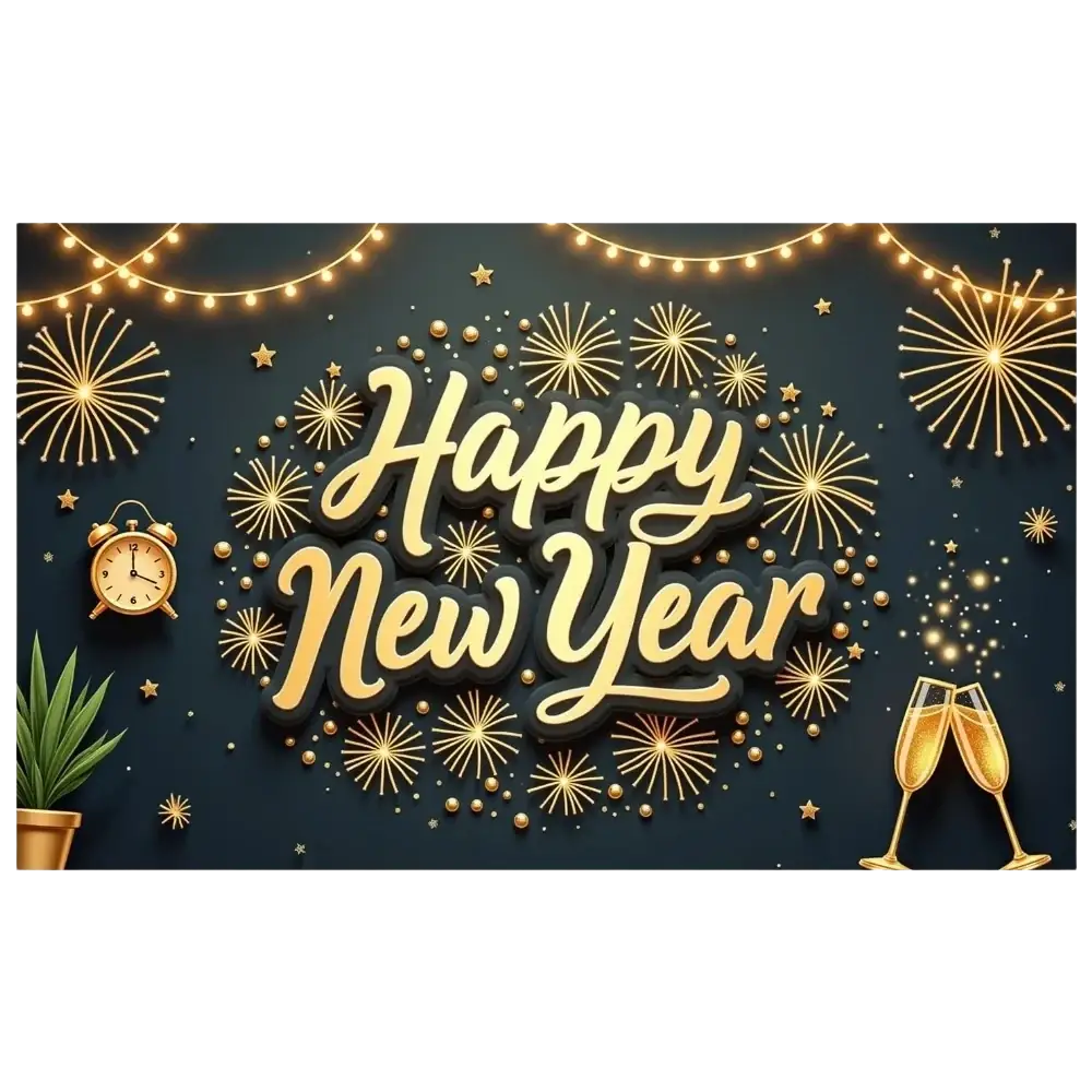 Golden happy new year lettering with glossy finish on 2026 new year party backdrop banner with fireworks decoration